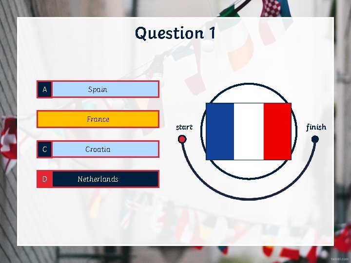 Question 1 A Spain B France C Croatia D Netherlands start finish 
