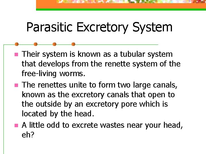 Parasitic Excretory System n n n Their system is known as a tubular system