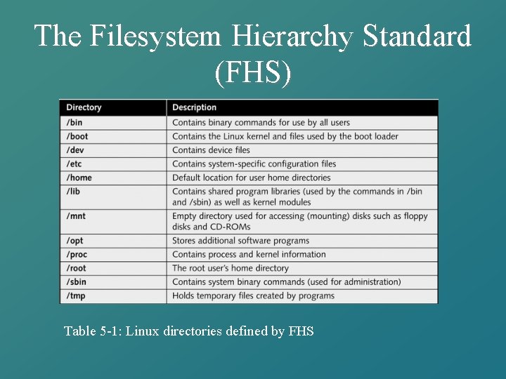 The Filesystem Hierarchy Standard (FHS) Table 5 -1: Linux directories defined by FHS 