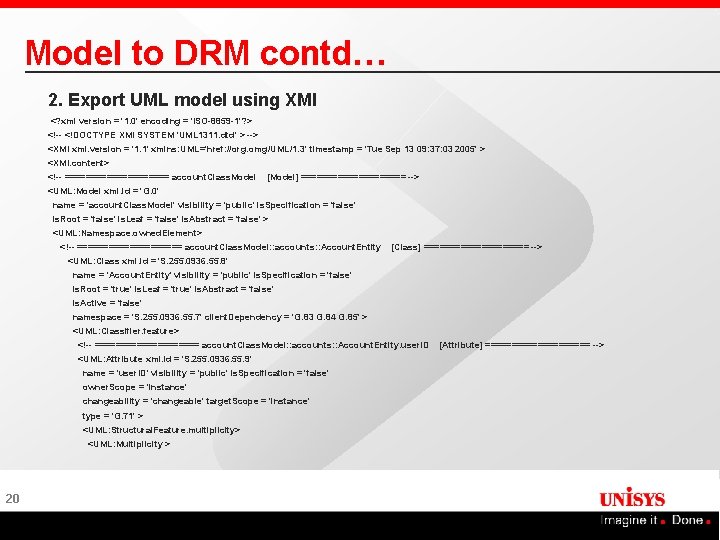 Model to DRM contd… 2. Export UML model using XMI <? xml version =