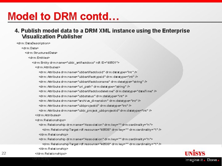 Model to DRM contd… 4. Publish model data to a DRM XML instance using