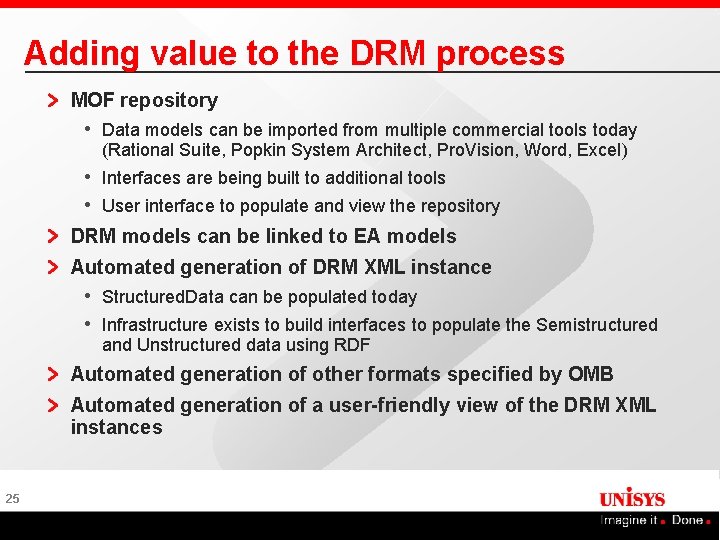 Adding value to the DRM process MOF repository • Data models can be imported