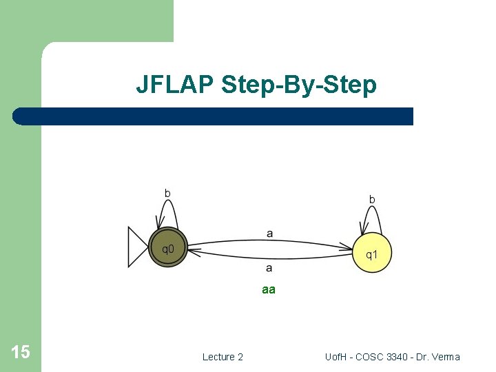 JFLAP Step-By-Step aa 15 Lecture 2 Uof. H - COSC 3340 - Dr. Verma