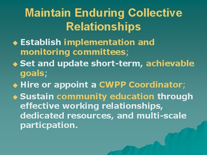 Maintain Enduring Collective Relationships Establish implementation and monitoring committees; u Set and update short-term,