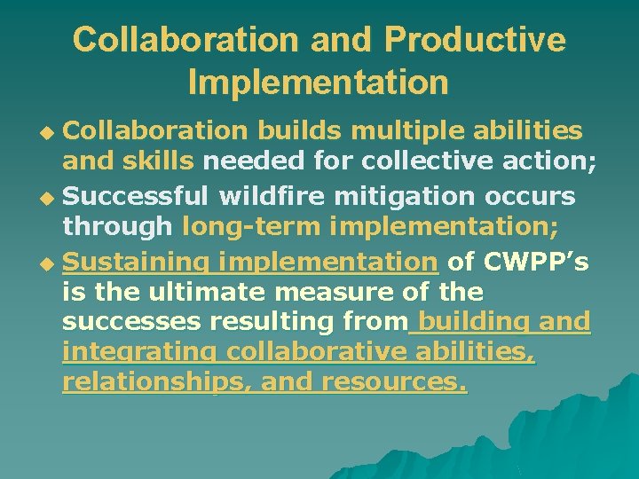 Collaboration and Productive Implementation Collaboration builds multiple abilities and skills needed for collective action;