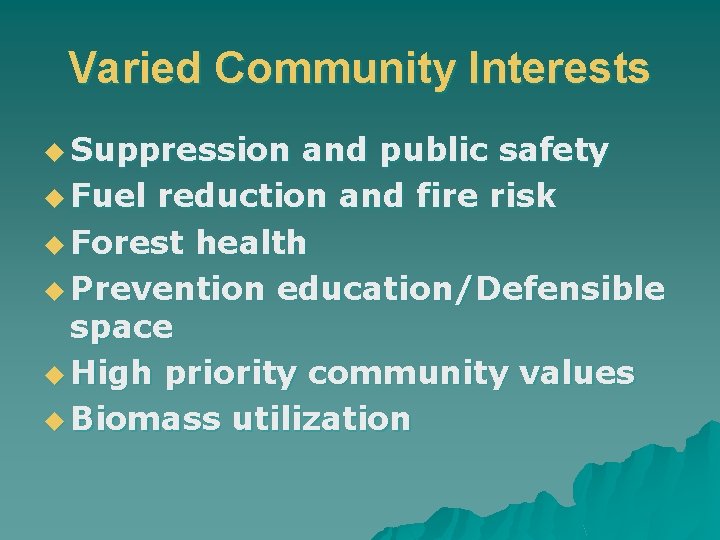 Varied Community Interests u Suppression and public safety u Fuel reduction and fire risk