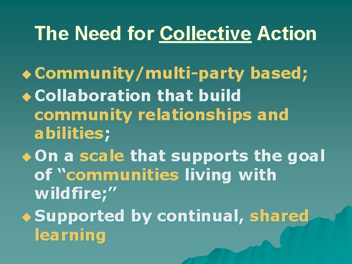 The Need for Collective Action u Community/multi-party u Collaboration based; that build community relationships