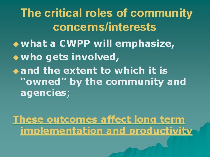 The critical roles of community concerns/interests u what a CWPP will emphasize, u who