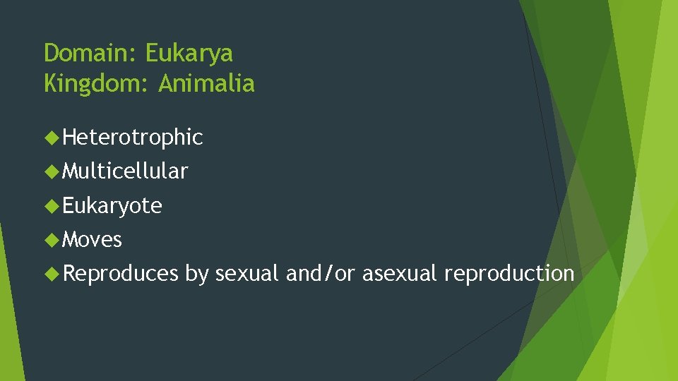 Domain: Eukarya Kingdom: Animalia Heterotrophic Multicellular Eukaryote Moves Reproduces by sexual and/or asexual reproduction