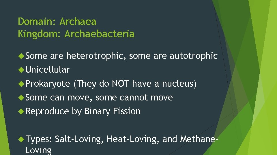 Domain: Archaea Kingdom: Archaebacteria Some are heterotrophic, some are autotrophic Unicellular Prokaryote Some (They