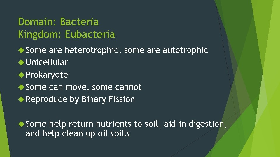 Domain: Bacteria Kingdom: Eubacteria Some are heterotrophic, some are autotrophic Unicellular Prokaryote Some can