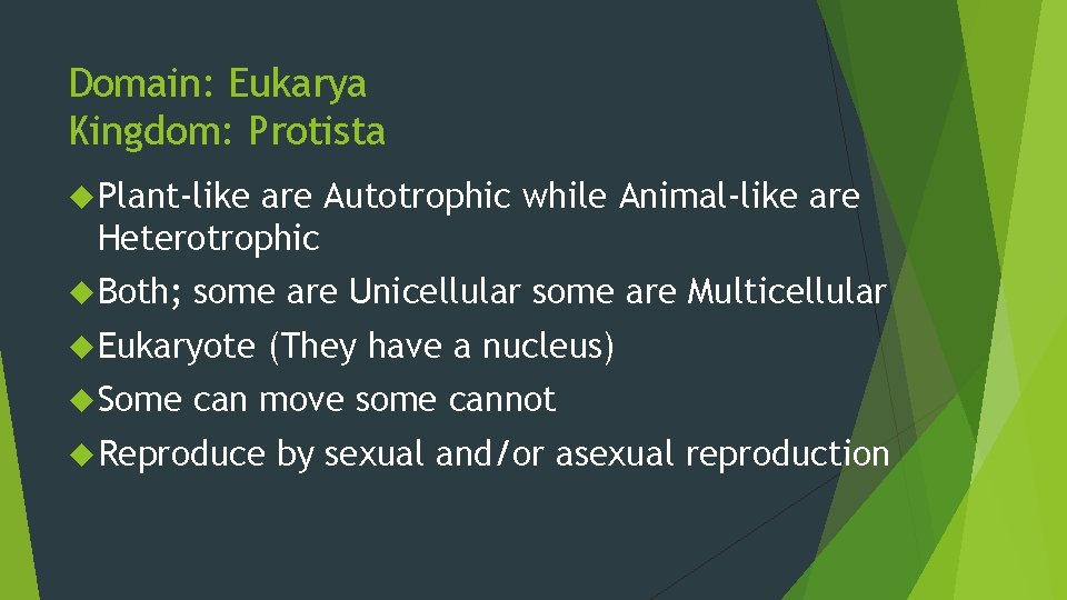 Domain: Eukarya Kingdom: Protista Plant-like are Autotrophic while Animal-like are Heterotrophic Both; some are