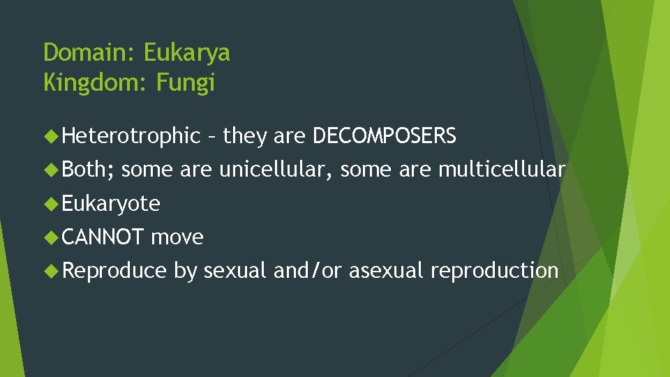 Domain: Eukarya Kingdom: Fungi Heterotrophic Both; – they are DECOMPOSERS some are unicellular, some