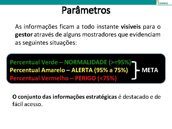 Parâmetros As informações ficam a todo instante visíveis para o gestor através de alguns