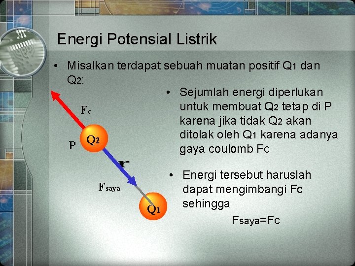 Energi Potensial Listrik • Misalkan terdapat sebuah muatan positif Q 1 dan Q 2: