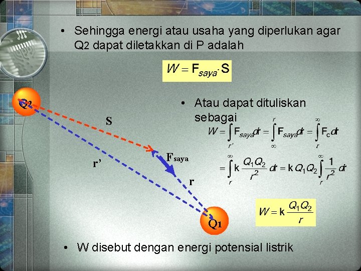  • Sehingga energi atau usaha yang diperlukan agar Q 2 dapat diletakkan di