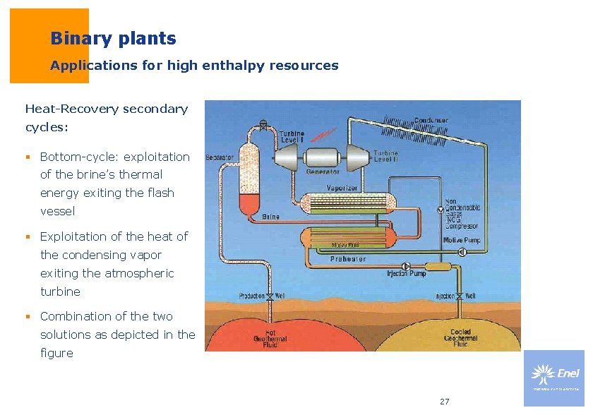 Binary plants Applications for high enthalpy resources Heat-Recovery secondary cycles: § Bottom-cycle: exploitation of Binary plants Applications for high enthalpy resources Heat-Recovery secondary cycles: § Bottom-cycle: exploitation of