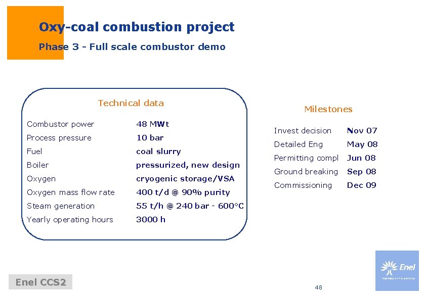 Oxy-coal combustion project Phase 3 - Full scale combustor demo Technical data Combustor power Oxy-coal combustion project Phase 3 - Full scale combustor demo Technical data Combustor power