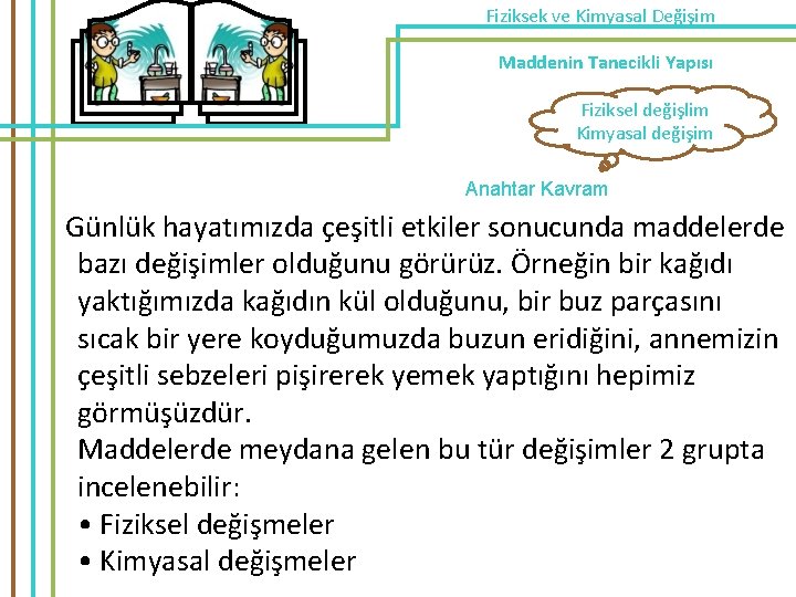 Fiziksek ve Kimyasal Değişim Maddenin Tanecikli Yapısı Fiziksel değişlim Kimyasal değişim Anahtar Kavram Günlük Fiziksek ve Kimyasal Değişim Maddenin Tanecikli Yapısı Fiziksel değişlim Kimyasal değişim Anahtar Kavram Günlük