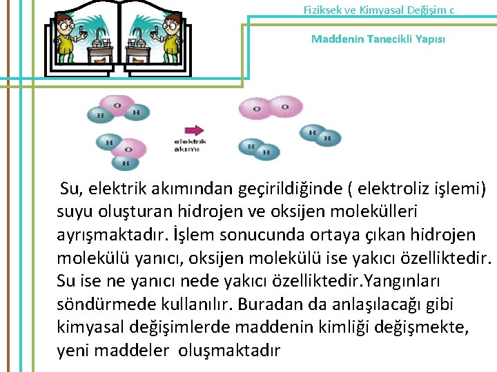 Fiziksek ve Kimyasal Değişim c Maddenin Tanecikli Yapısı Su, elektrik akımından geçirildiğinde ( elektroliz Fiziksek ve Kimyasal Değişim c Maddenin Tanecikli Yapısı Su, elektrik akımından geçirildiğinde ( elektroliz