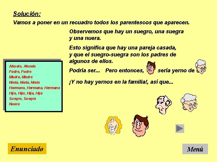 Solución: Vamos a poner en un recuadro todos los parentescos que aparecen. Observemos que