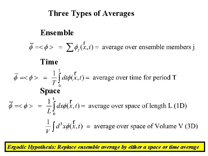 Three Types of Averages Ensemble Time Space Ergodic Hypothesis: Replace ensemble average by either