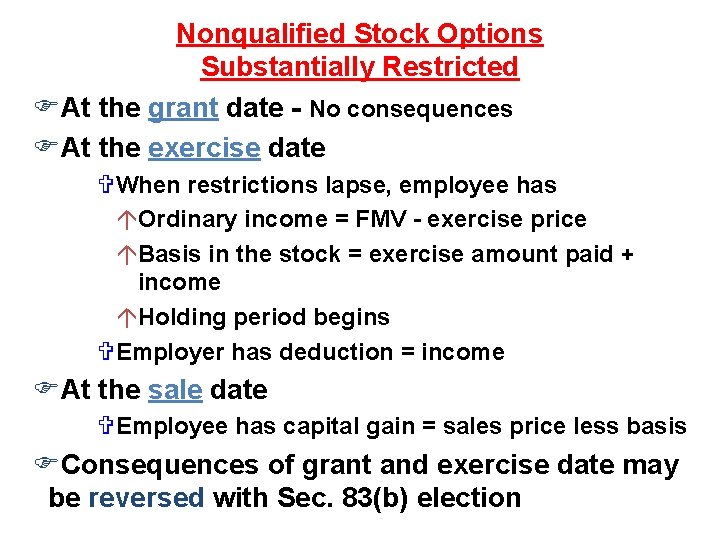 Nonqualified Stock Options Substantially Restricted FAt the grant date - No consequences FAt the Nonqualified Stock Options Substantially Restricted FAt the grant date - No consequences FAt the