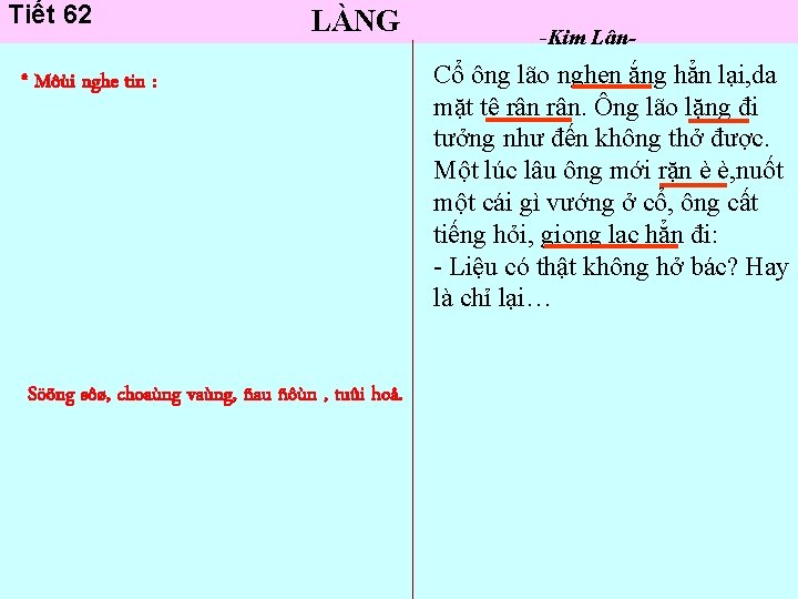 Tiết 62 LÀNG * Môùi nghe tin : Söõng sôø, choaùng vaùng, ñau ñôùn