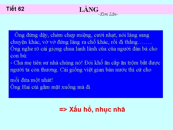 Tiết 62 LÀNG -Kim Lân- Ông đứng dậy, chèm chẹp miệng, cười nhạt, nói
