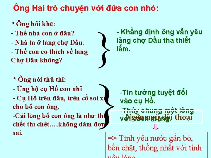 Ông Hai trò chuyện với đứa con nhỏ: * Ông hỏi khẽ: - Thế