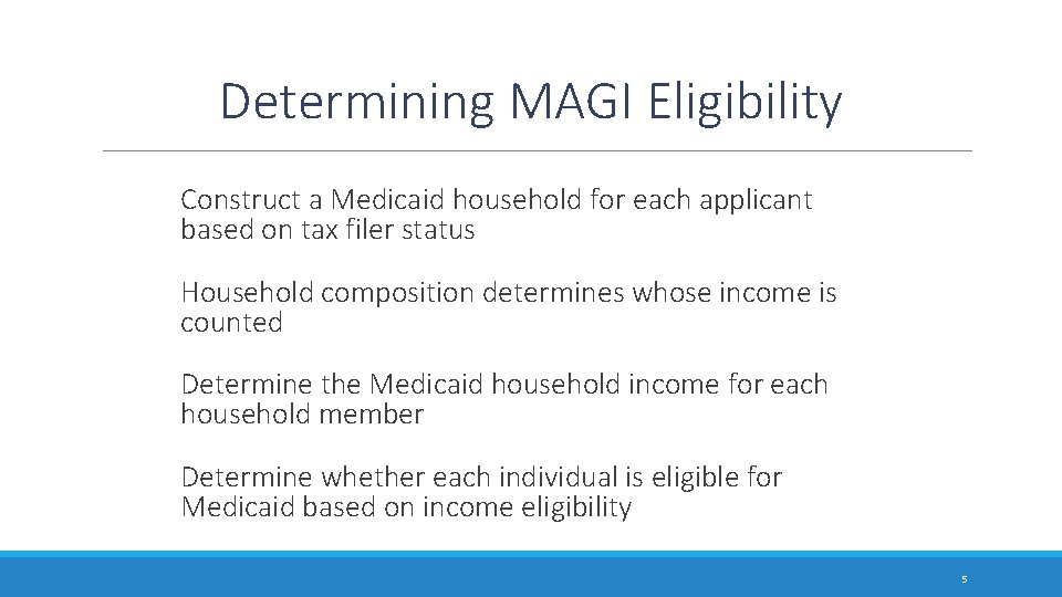 Determining MAGI Eligibility Construct a Medicaid household for each applicant based on tax filer Determining MAGI Eligibility Construct a Medicaid household for each applicant based on tax filer
