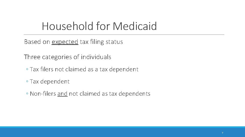 Household for Medicaid Based on expected tax filing status Three categories of individuals ◦ Household for Medicaid Based on expected tax filing status Three categories of individuals ◦