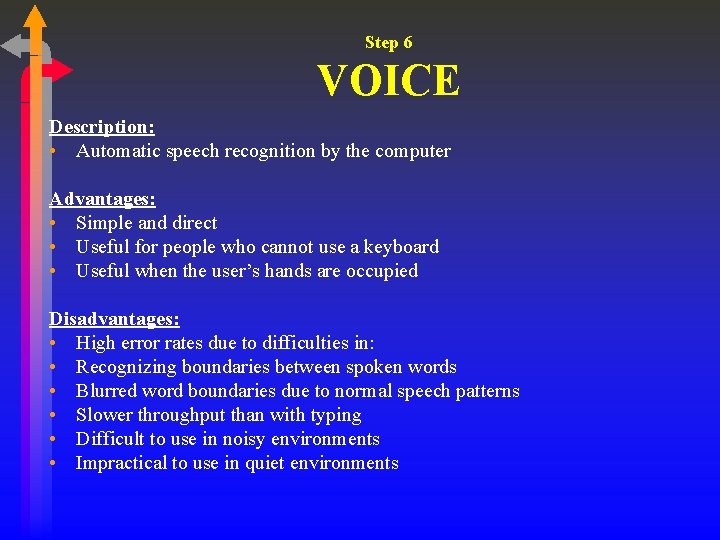 Step 6 VOICE Description: • Automatic speech recognition by the computer Advantages: • Simple Step 6 VOICE Description: • Automatic speech recognition by the computer Advantages: • Simple