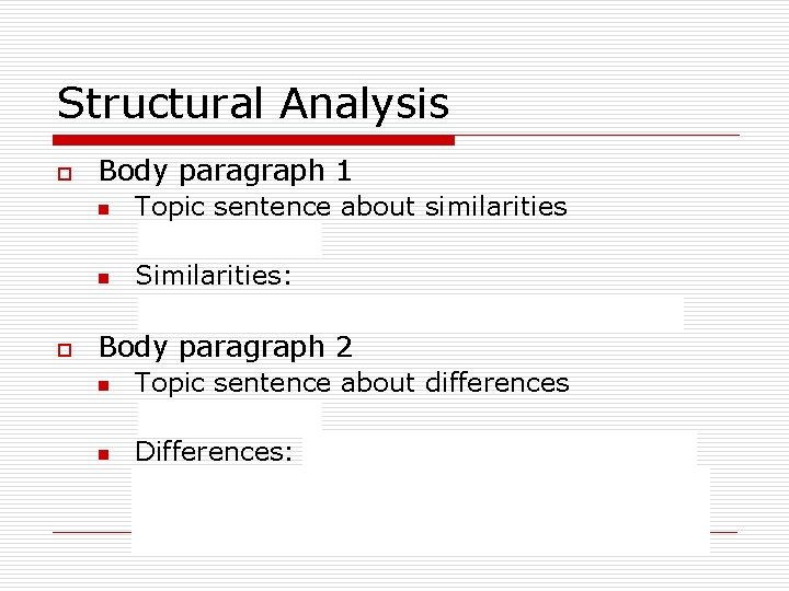 Structural Analysis o Body paragraph 1 n n o Topic sentence about similarities (Sentence