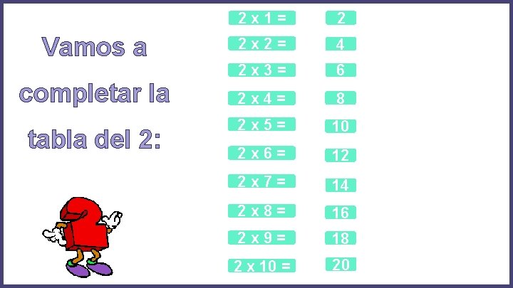 Vamos a completar la tabla del 2: 2 x 1= 2 2 x 2= Vamos a completar la tabla del 2: 2 x 1= 2 2 x 2=