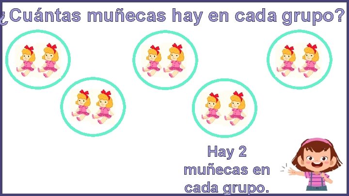 ¿Cuántas muñecas hay en cada grupo? Hay 2 muñecas en cada grupo. ¿Cuántas muñecas hay en cada grupo? Hay 2 muñecas en cada grupo.