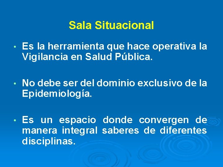 Sala Situacional • Es la herramienta que hace operativa la Vigilancia en Salud Pública. Sala Situacional • Es la herramienta que hace operativa la Vigilancia en Salud Pública.