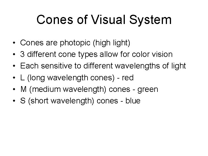 Cones of Visual System • • • Cones are photopic (high light) 3 different