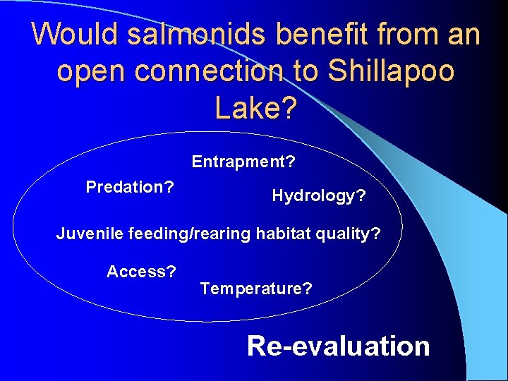 Would salmonids benefit from an open connection to Shillapoo Lake? Entrapment? Predation? Hydrology? Juvenile Would salmonids benefit from an open connection to Shillapoo Lake? Entrapment? Predation? Hydrology? Juvenile