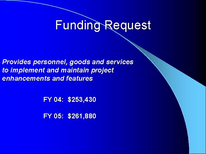 Funding Request Provides personnel, goods and services to implement and maintain project enhancements and Funding Request Provides personnel, goods and services to implement and maintain project enhancements and
