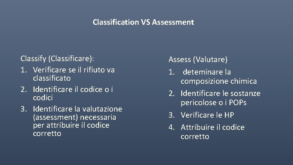 Classification VS Assessment Classify (Classificare): 1. Verificare se il rifiuto va classificato 2. Identificare