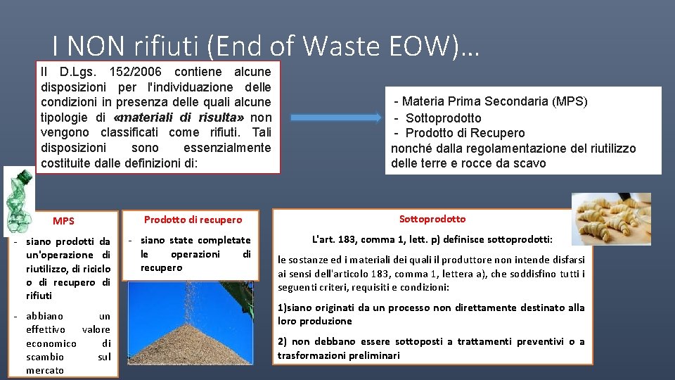 I NON rifiuti (End of Waste EOW)… Il D. Lgs. 152/2006 contiene alcune disposizioni