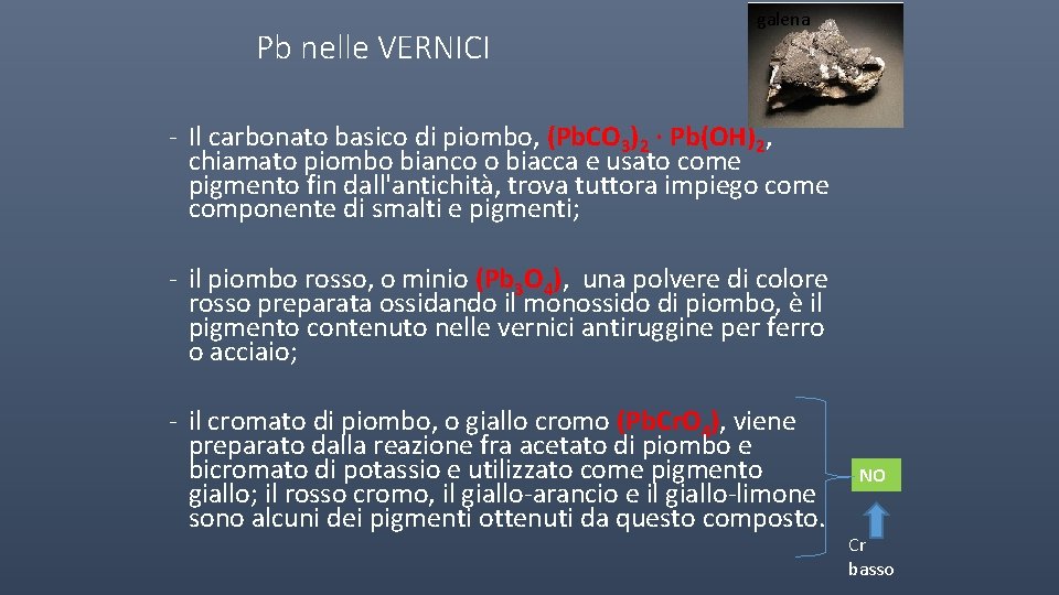 Pb nelle VERNICI galena - Il carbonato basico di piombo, (Pb. CO 3)2 ·