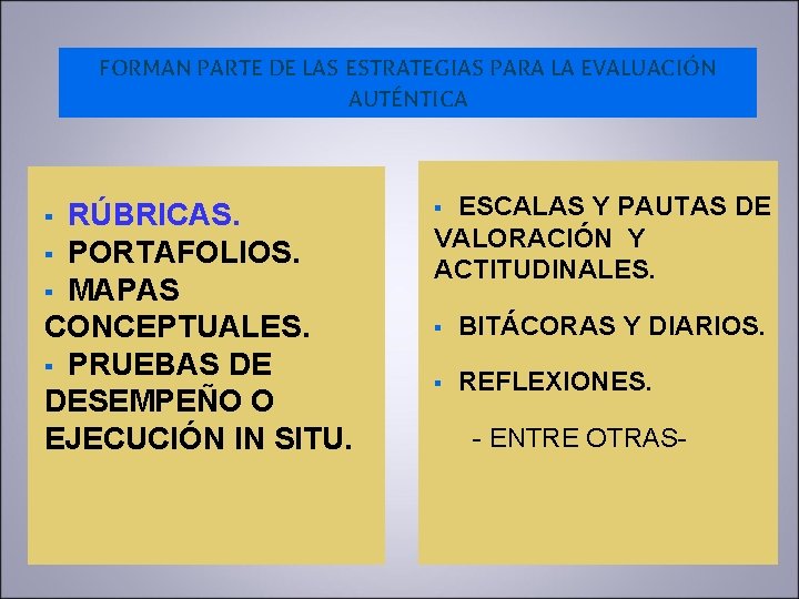 FORMAN PARTE DE LAS ESTRATEGIAS PARA LA EVALUACIÓN AUTÉNTICA RÚBRICAS. PORTAFOLIOS. MAPAS CONCEPTUALES. ▪