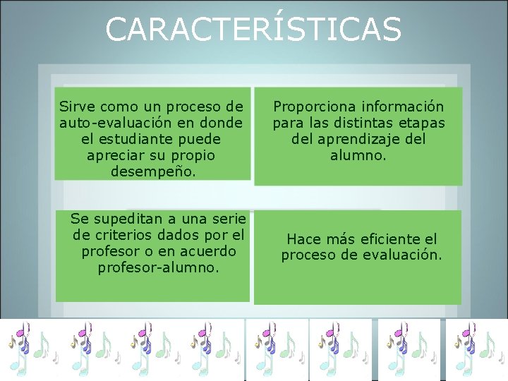 CARACTERÍSTICAS Sirve como un proceso de auto-evaluación en donde el estudiante puede apreciar su