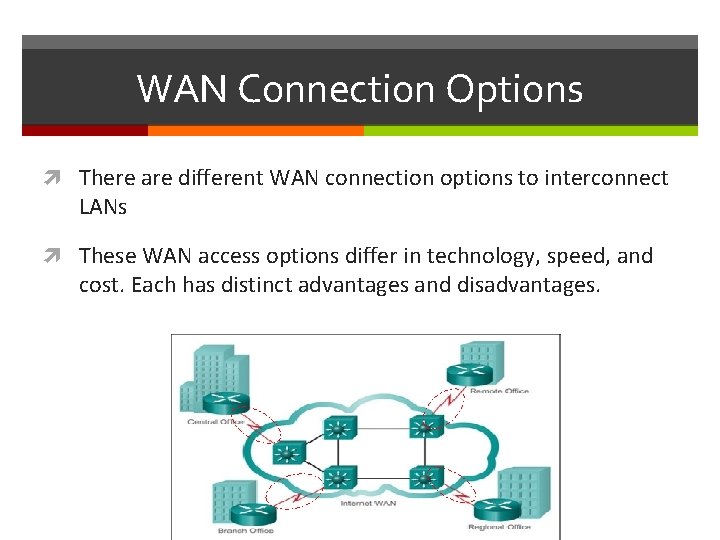 WAN Connection Options There are different WAN connection options to interconnect LANs These WAN