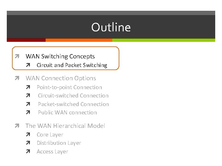 Outline WAN Switching Concepts Circuit and Packet Switching WAN Connection Options Point-to-point Connection Circuit-switched