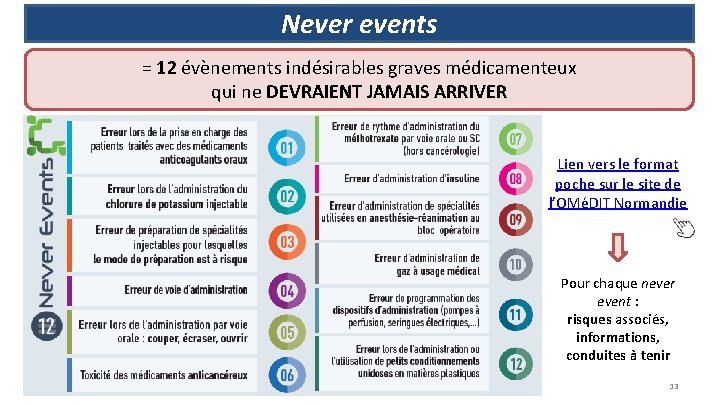 Never events = 12 évènements indésirables graves médicamenteux qui ne DEVRAIENT JAMAIS ARRIVER Lien