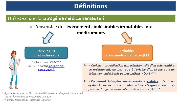 Définitions Qu’est-ce que la iatrogénie médicamenteuse ? = L’ensemble des évènements indésirables imputables aux