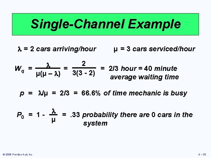 Single-Channel Example = 2 cars arriving/hour µ = 3 cars serviced/hour 2 Wq =